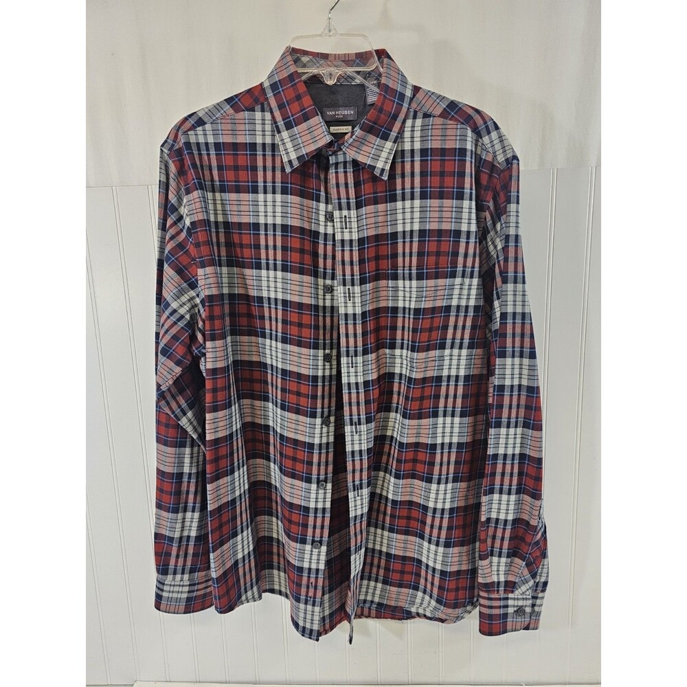 Van Heusen Button Up Shirt Mens Medium Multicolor Plaid Long Sleeve Classic Fit